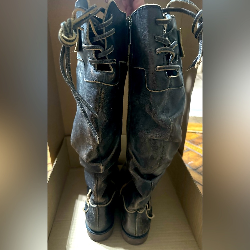 Black Leather Slouch Lace Tall Top Boots - Picture 2 of 6
